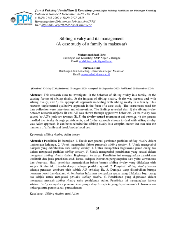 (PDF) Sibling rivalry and its management (A case study of a family in ...
