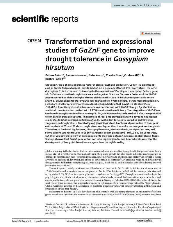 (PDF) Transformation and expressional studies of GaZnF gene to improve ...