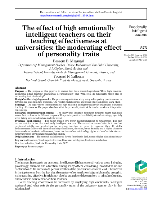 (PDF) The effect of high emotionally intelligent teachers on their ...