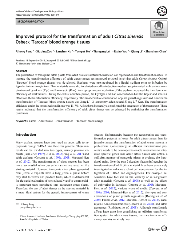 (PDF) Improved protocol for the transformation of adult Citrus sinensis ...