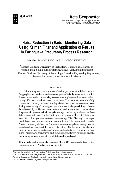 (PDF) Noise reduction in radon monitoring data using Kalman filter and ...