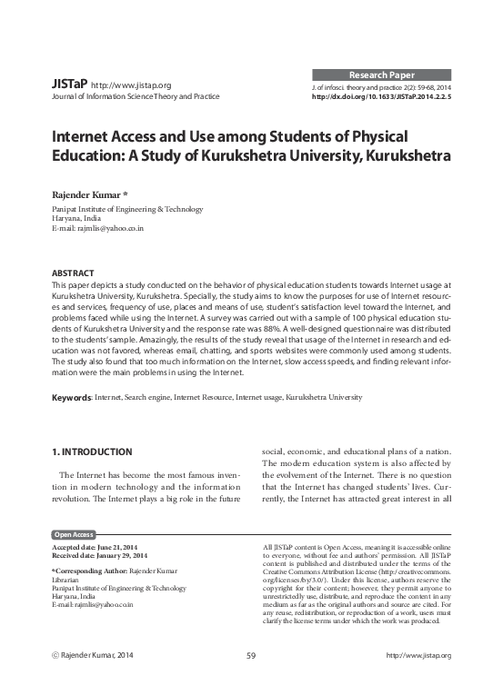 (PDF) Internet Access and Use among Students of Physical Education: A ...