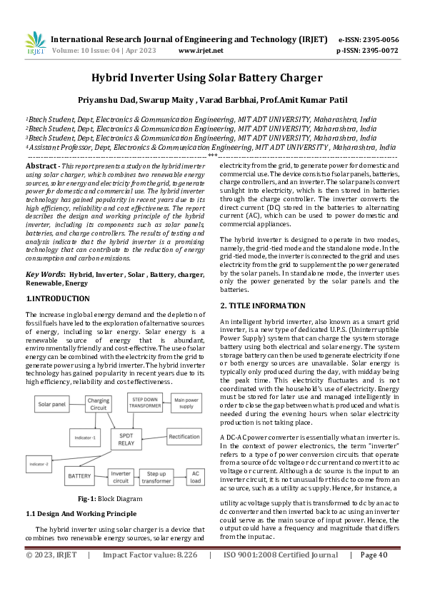 (PDF) Hybrid Inverter Using Solar Battery Charger IRJET Journal Academia.edu