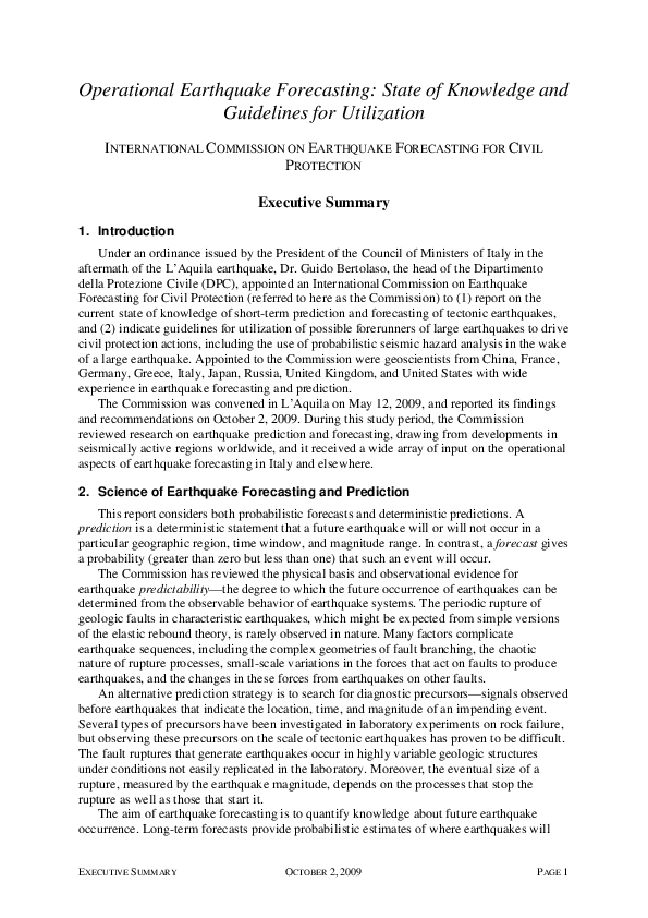 (PDF) OPERATIONAL EARTHQUAKE FORECASTING. State of Knowledge and ...