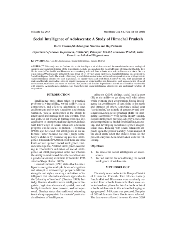 (PDF) Social Intelligence of Adolescents: A Study of Himachal Pradesh