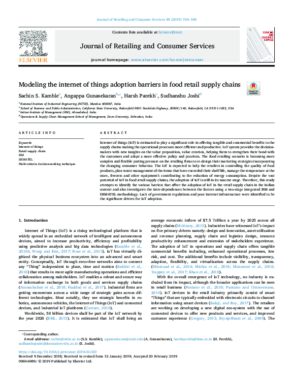 (PDF) Modeling the internet of things adoption barriers in food retail ...