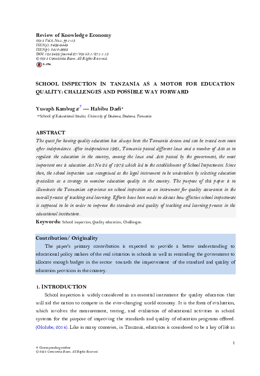 (PDF) School Inspection in Tanzania as a Motor for Education Quality ...