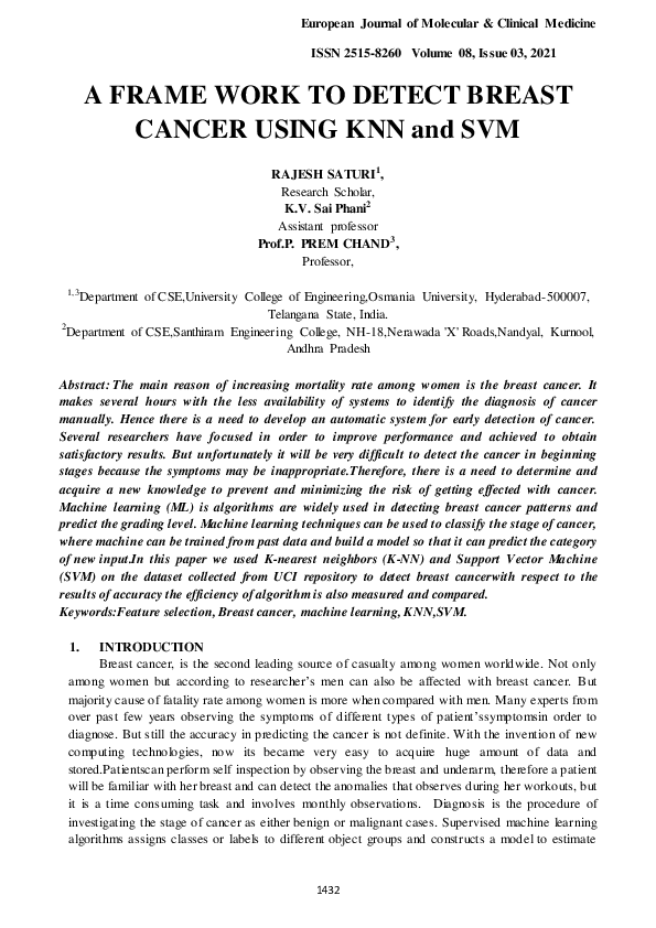 (PDF) A FRAME WORK TO DETECT BREAST CANCER USING KNN and SVM