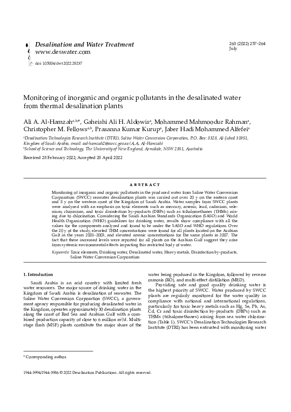 (PDF) Monitoring of inorganic and organic pollutants in the desalinated ...