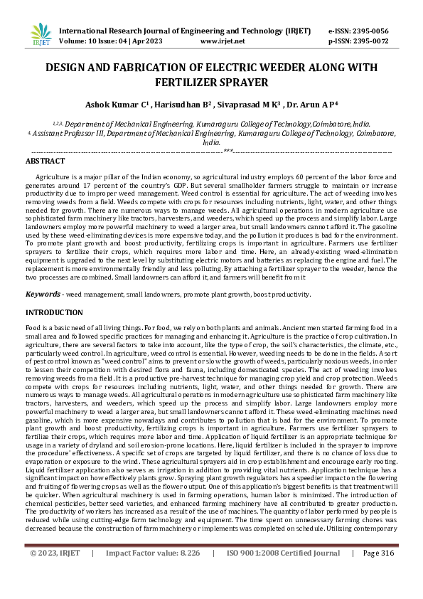 (PDF) DESIGN AND FABRICATION OF ELECTRIC WEEDER ALONG WITH FERTILIZER ...