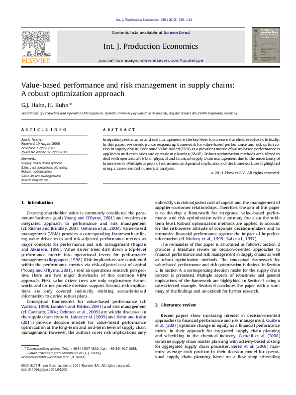 (PDF) Value-based performance and risk management in supply chains: A ...