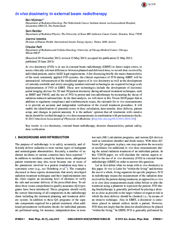 (PDF) In vivo dosimetry in external beam radiotherapy