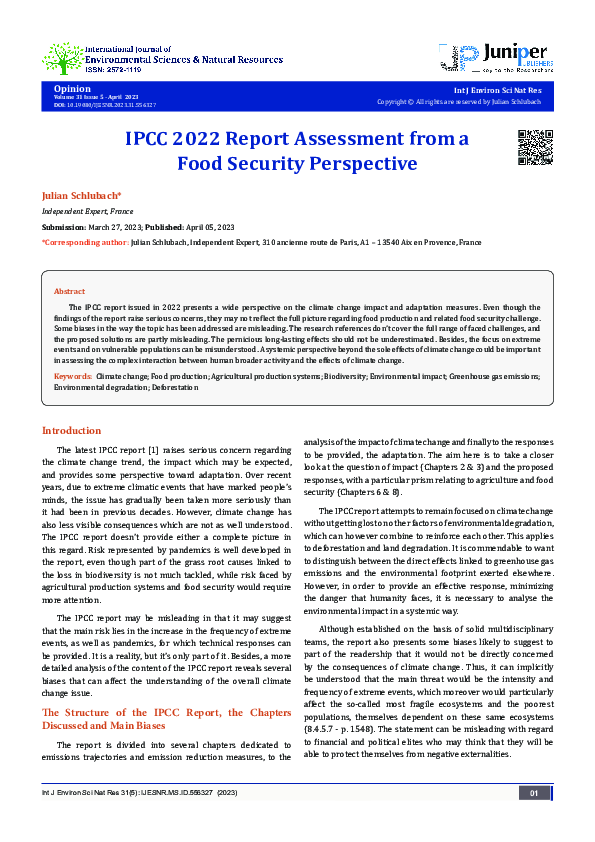 (PDF) IPCC 2022 Report Assessment from a Food Security Perspective
