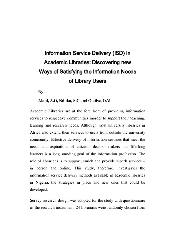 (PDF) Information Service Delivery (ISD) in Academic Libraries ...
