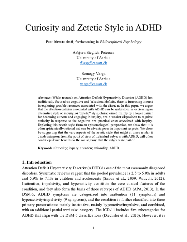 (PDF) Curiosity and Zetetic Style in ADHD