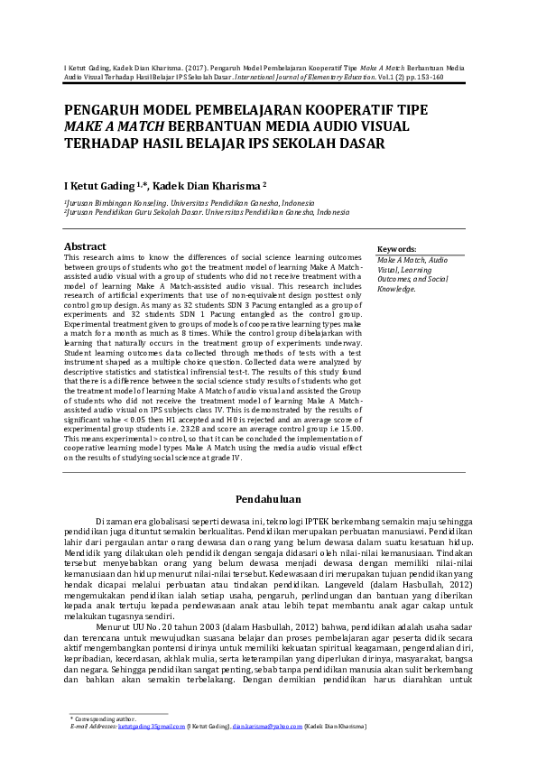 (PDF) Pengaruh Model Pembelajaran Kooperatif Tipe Make a Match ...