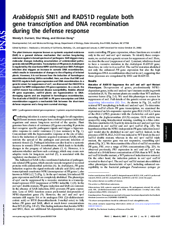 (PDF) Arabidopsis SNI1 and RAD51D regulate both gene transcription and ...