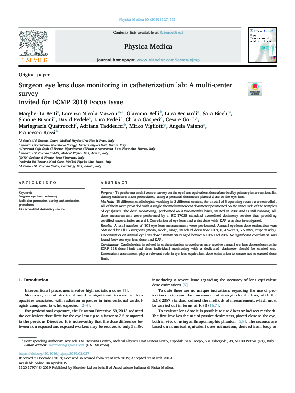 (PDF) Surgeon eye lens dose monitoring in catheterization lab: A multi ...