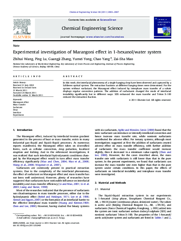 (PDF) Experimental investigation of Marangoni effect in 1-hexanol/water ...