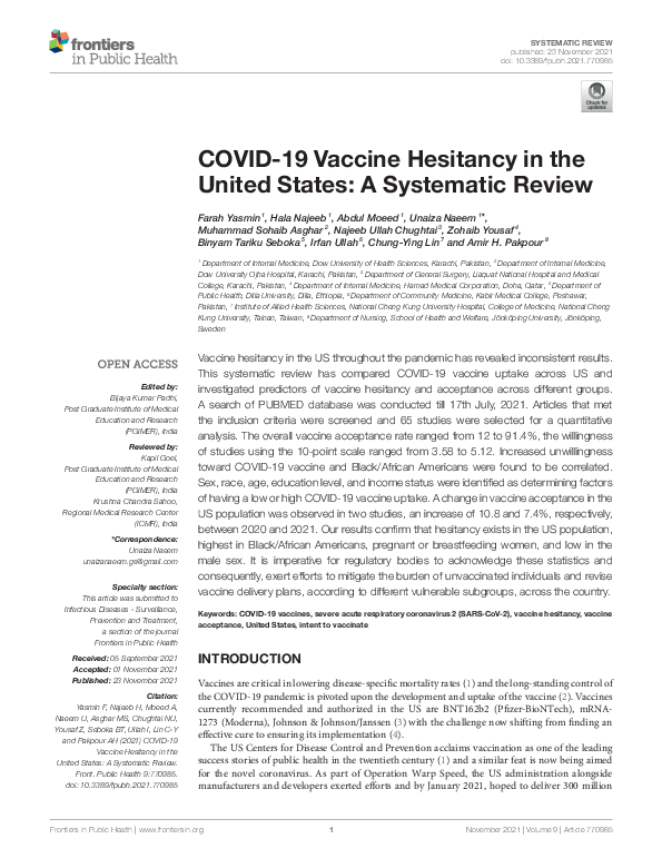 (PDF) COVID-19 Vaccine Hesitancy in the United States: A Systematic Review