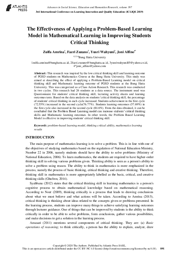 (PDF) The Effectiveness of Applying a Problem-Based Learning Model in ...