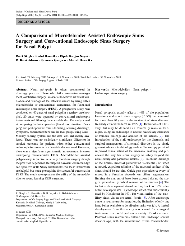 (PDF) A comparison of microdebrider assisted endoscopic sinus surgery ...