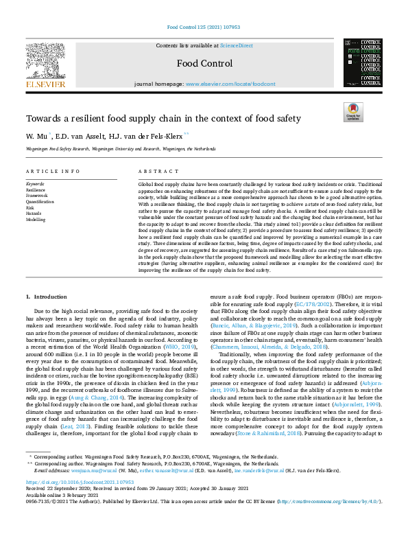 (PDF) Towards a resilient food supply chain in the context of food safety