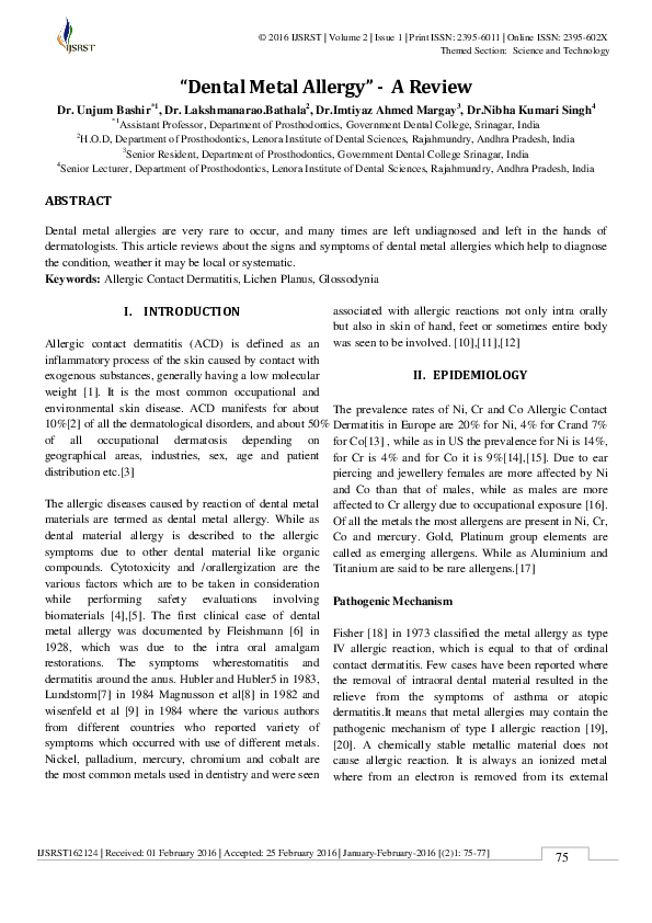 (PDF) IJSRST162124 "Dental Metal Allergy"A Review unjum bashir Academia.edu