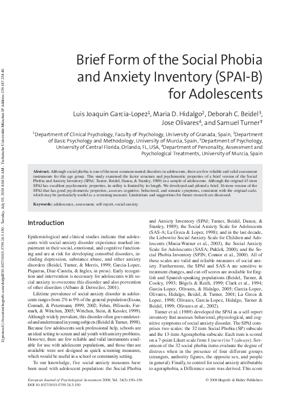 (PDF) Brief Form of the Social Phobia and Anxiety Inventory (SPAI-B ...