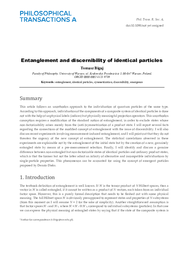 (PDF) Entanglement and discernibility of identical particles
