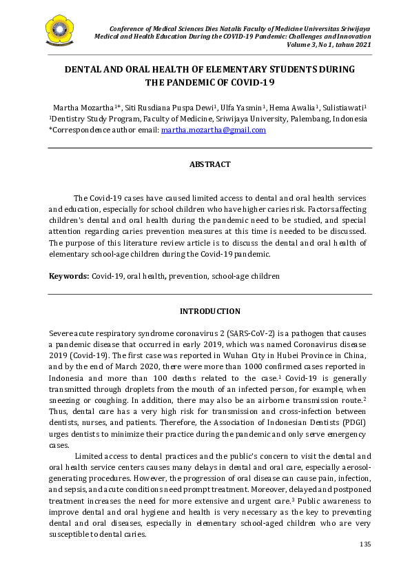 (PDF) Dental and Oral Health of Elementary Students During the Pandemic ...