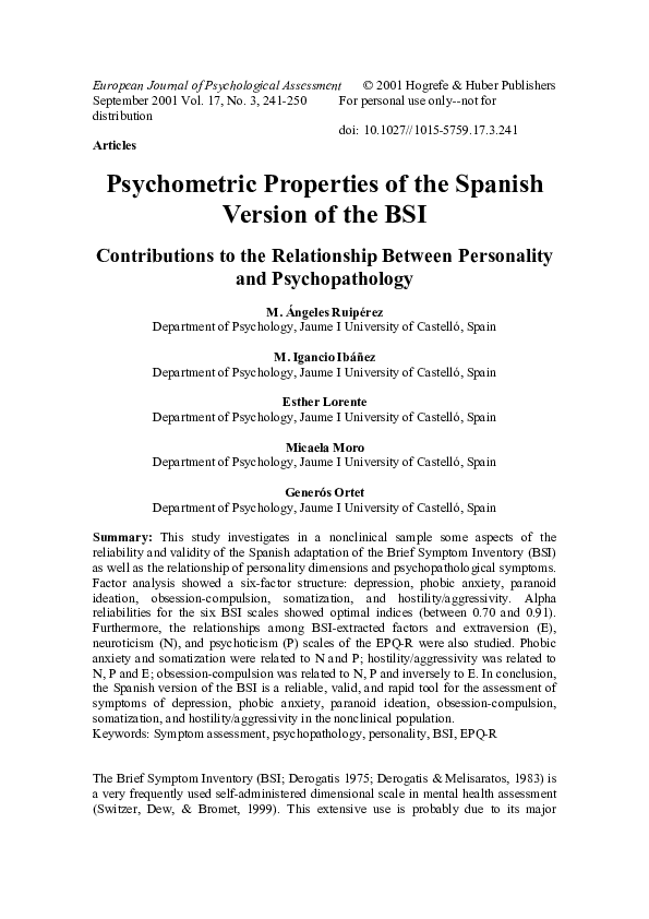 (PDF) Psychometric Properties of the Spanish Version of the BSI