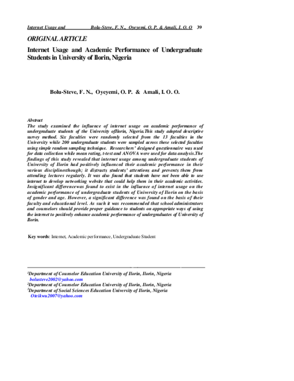 (PDF) Internet Usage and Academic Performance of Undergraduate Students ...