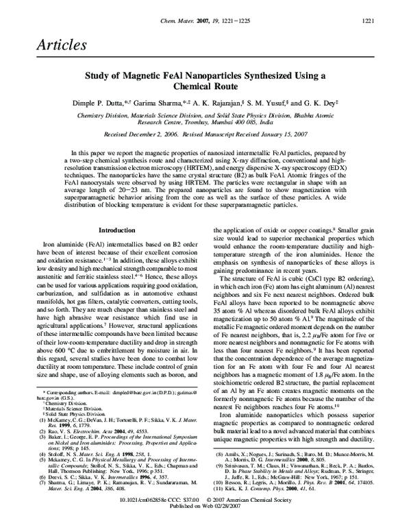 (PDF) Study of Magnetic FeAl Nanoparticles Synthesized Using a Chemical ...