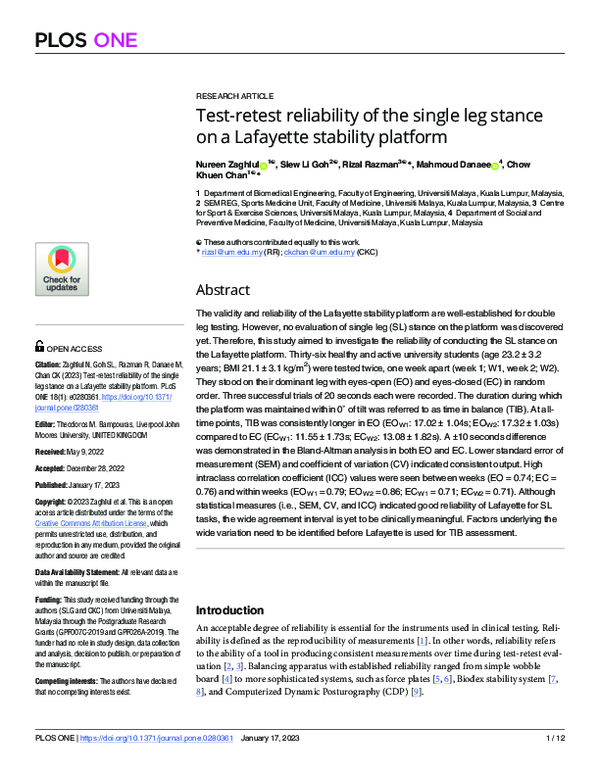 (PDF) Test-retest reliability of the single leg stance on a Lafayette ...