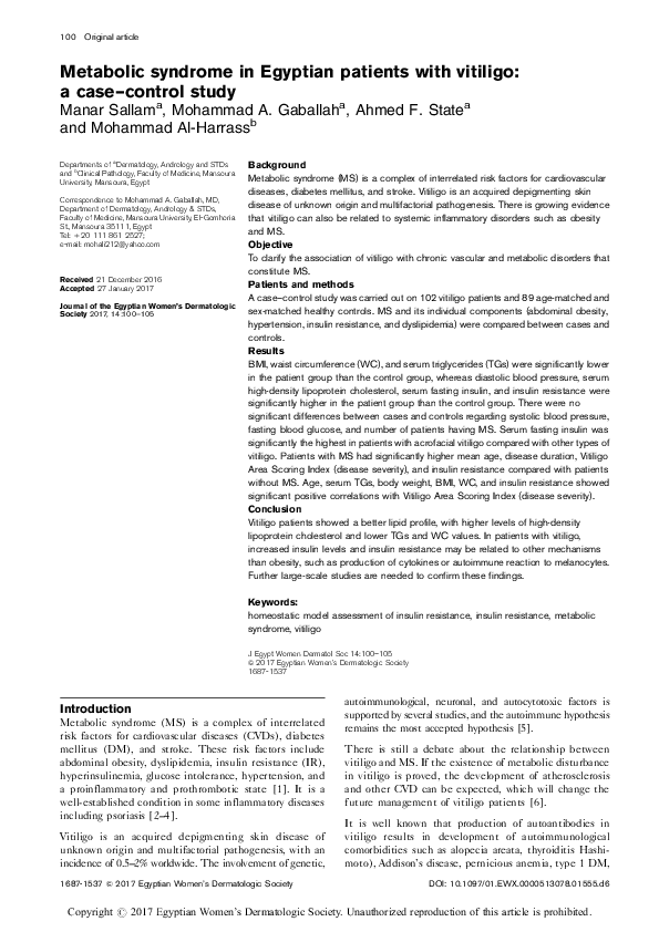 (PDF) Metabolic syndrome in Egyptian patients with vitiligo
