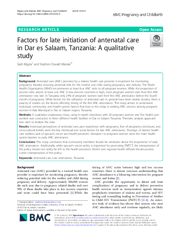 (PDF) Factors for late initiation of antenatal care in Dar es Salaam ...