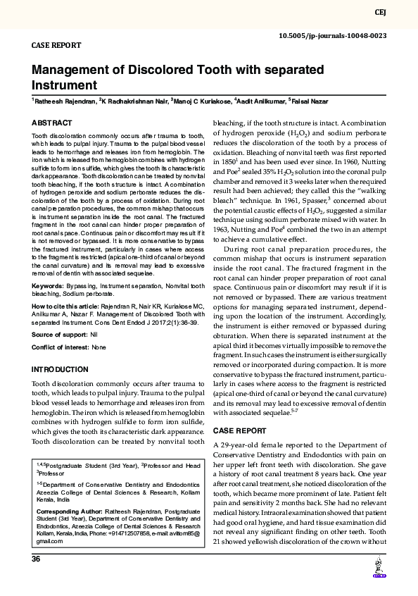 (PDF) Management of Discolored Tooth with separated Instrument