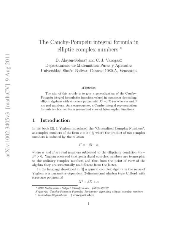 (PDF) The Cauchy–Pompeiu integral formula in elliptic complex numbers