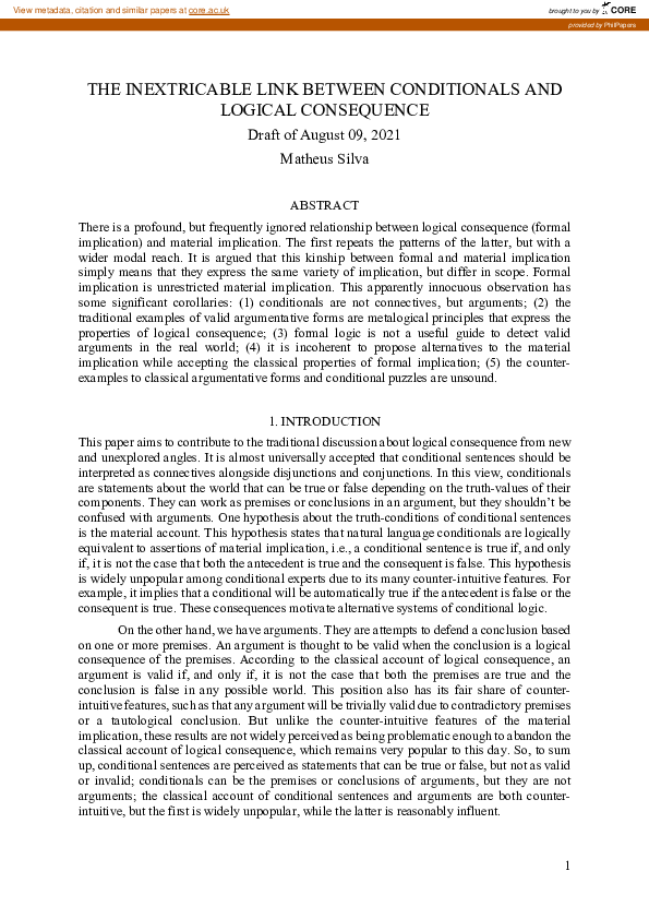 (PDF) The Inextricable Link Between Conditionals and Logical Consequence