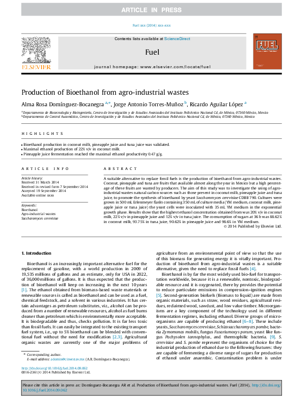 (PDF) Production of Bioethanol from agro-industrial wastes