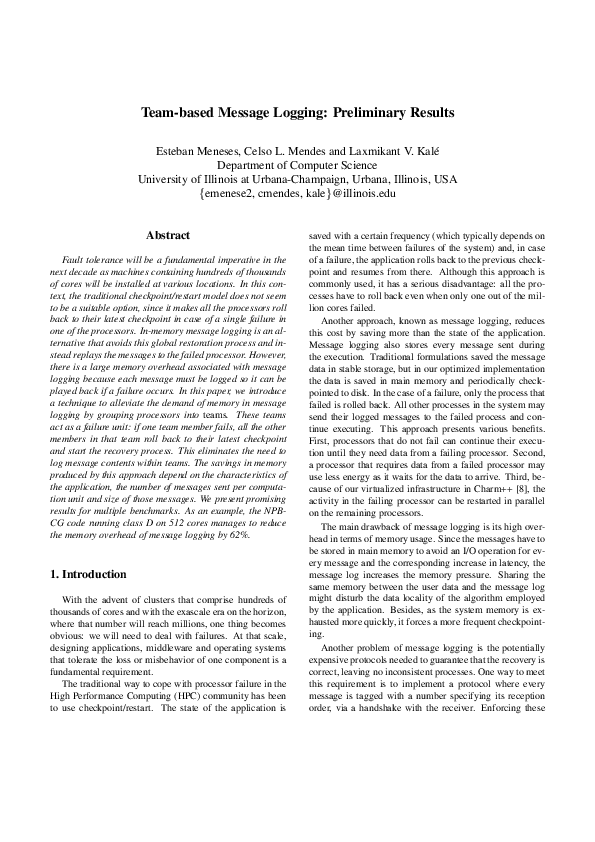 (PDF) Team-Based Message Logging: Preliminary Results