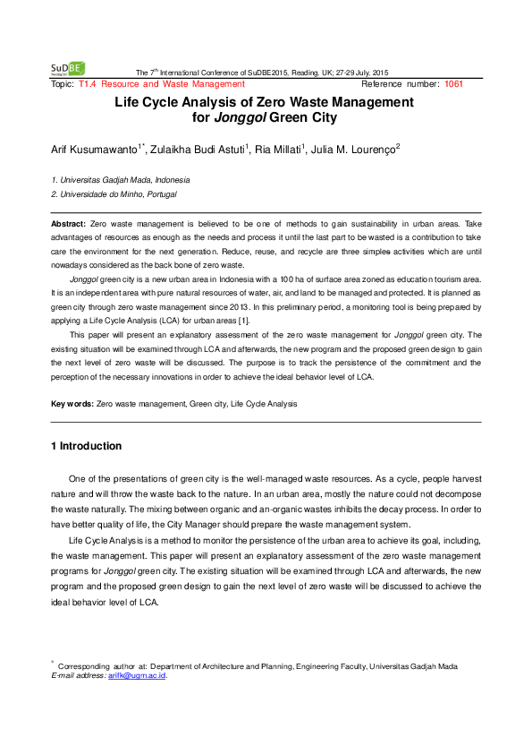 (PDF) Life Cycle Analysis of Zero Waste Management for Jonggol Green City