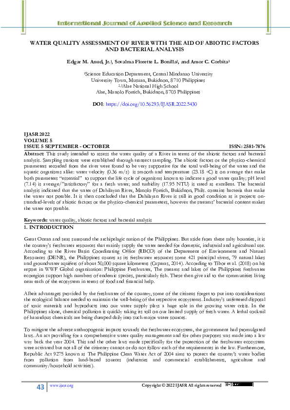 (PDF) Water Quality Assessment of River with the Aid of Abiotic Factors ...