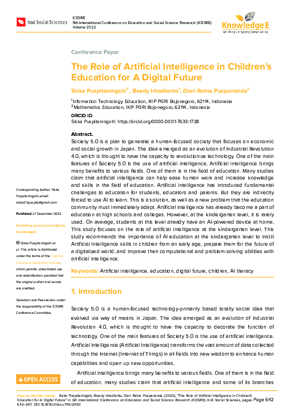 (PDF) The Role of Artificial Intelligence in Children's Education for A ...