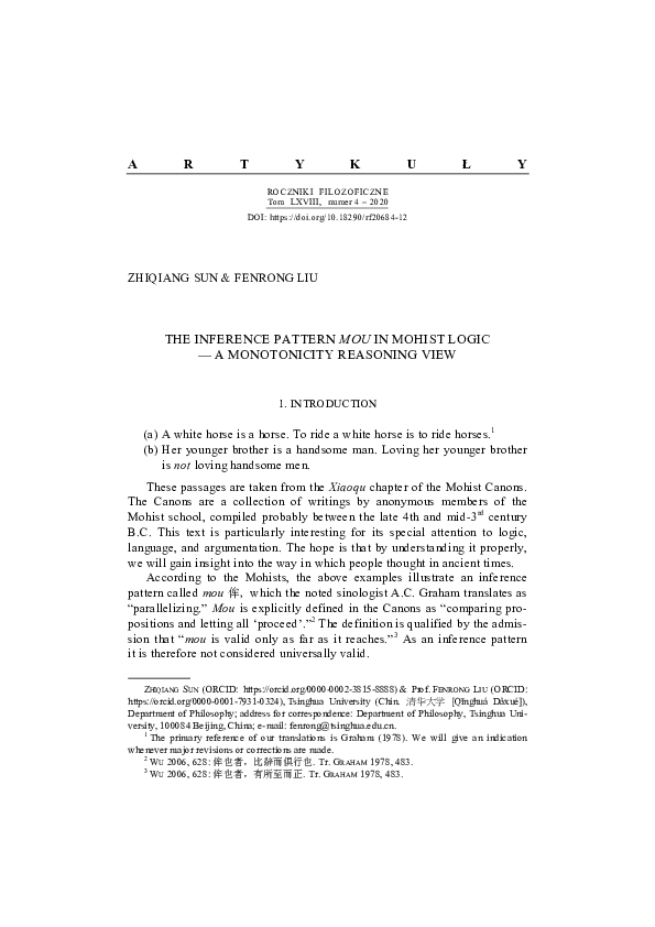 (PDF) The Inference Pattern Mou in Mohist Logic: A Monotonicity ...