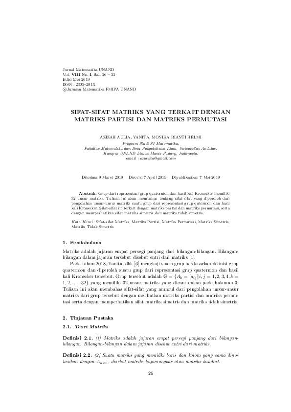 (PDF) Sifat-Sifat Matriks Yang Terkait Dengan Matriks Partisi Dan ...