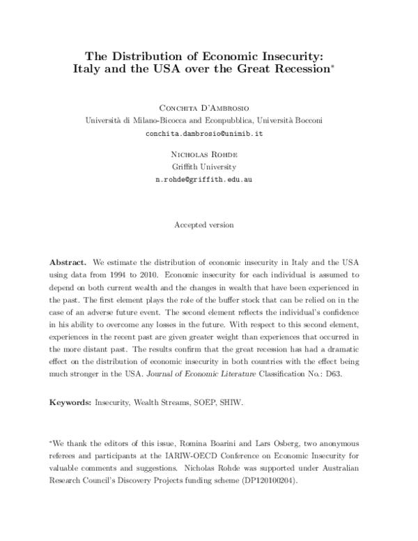 (PDF) The Distribution of Economic Insecurity: Italy and the U.S. over ...
