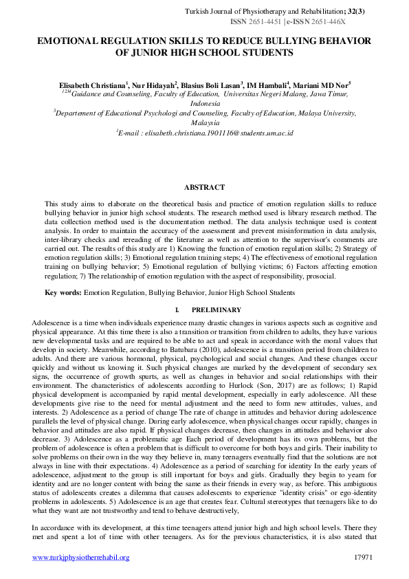 (PDF) Emotional Regulation Skills to Reduce Bullying Behavior of Junior ...