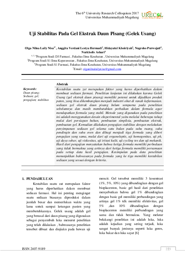 (PDF) Uji Stabilitas Pada Gel Ekstrak Daun Pisang (Gelek Usang)